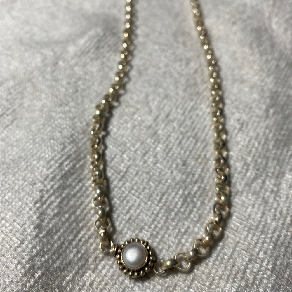 Sterling Rolo Chain Necklace w/Pearl Clasp